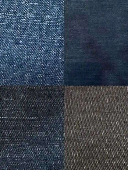 A collage of faded denim fabrics. Each one has a unique wash and wear pattern, perfect for achieving a specific vintage or distressed aesthetic.