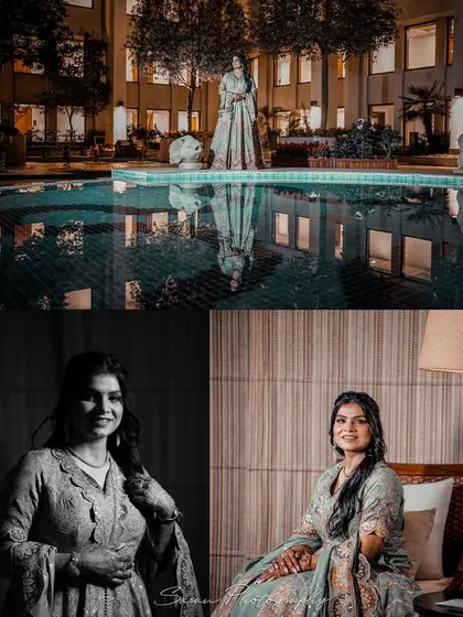 A collage of the bride's portraits from her Roka, including a stunning shot by the pool at night.