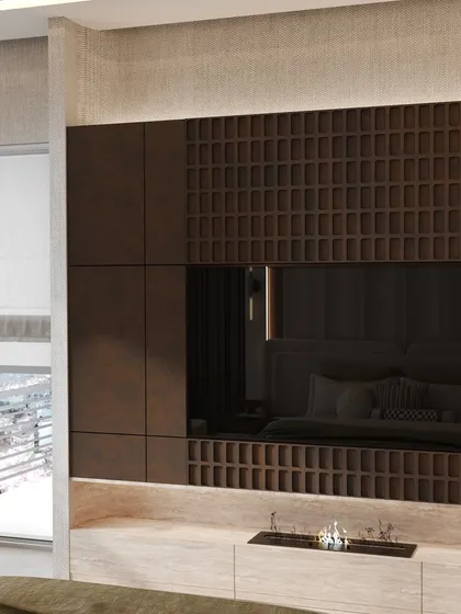 A closer look at the TV, which is seamlessly integrated into the textured wood paneling. The reflection shows the dark, moody ambiance of the room.