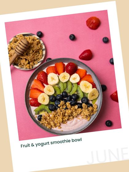 A closer look at our fruit and yogurt smoothie bowl from the June menu. It's packed with seasonal fruits, granola, and creamy yogurt to keep you cool and energized.