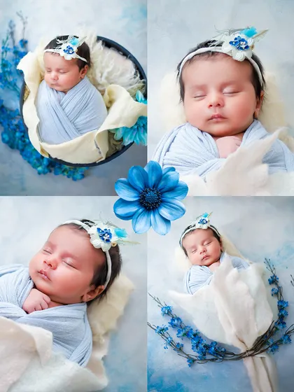 A beautiful story in shades of blue. This collage combines different poses, from a close-up portrait to a full-body shot in a basket, all tied together with a lovely blue floral theme.
