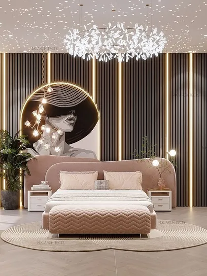 When pink is your client's favorite color, we make it modern and luxurious. This room blends pink and grey with a bold painting, a starry-sky ceiling, and a dedicated study area for a sophisticated yet fun space.
