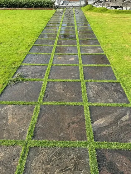 Another perspective of the granite tile pathway, showing its length and the clean, grid-like pattern it creates in the landscape.