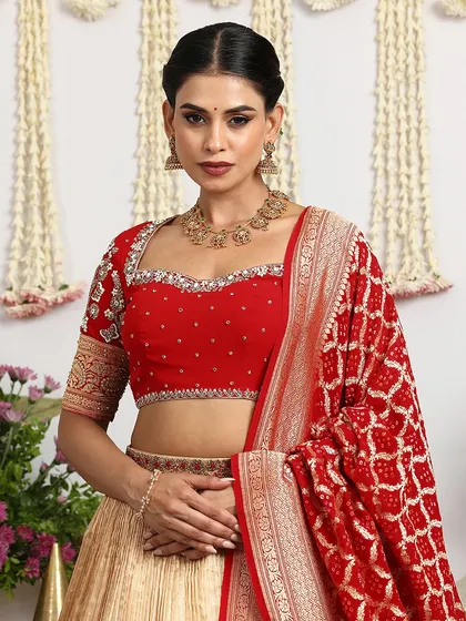A detailed shot of the red embroidered blouse, paired with a Banarasi Bandhani dupatta. The combination of textures and crafts is what makes our designs unique.