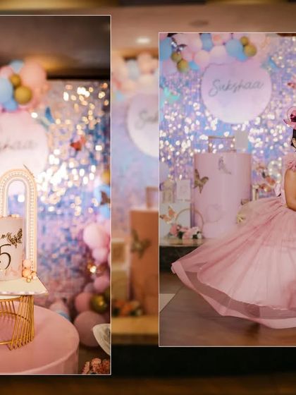 A collage showing the birthday girl in her beautiful pink dress and the elaborate cake and decor. I focus on capturing both the big picture and the small details of the party.