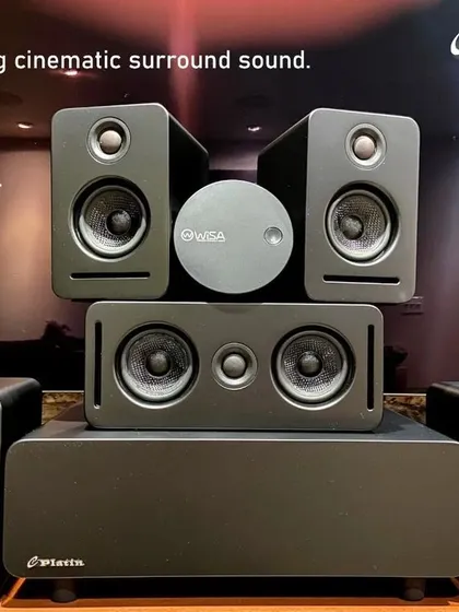 Here is the complete Platin Monaco 5.1 system I frequently install. It is WiSA Certified, which means it delivers uncompressed, high-definition audio wirelessly with perfect synchronization. The speakers are also tuned by THX, ensuring you hear every detail exactly as the movie director intended.