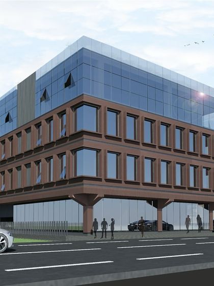 The same commercial building in Thane, presented as a daytime render. This view highlights how the structure commands attention with its unique blend of transparent glass and solid colored panels, creating a piece of living art on the streetscape.