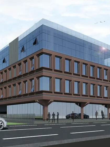 The same commercial building in Thane, presented as a daytime render. This view highlights how the structure commands attention with its unique blend of transparent glass and solid colored panels, creating a piece of living art on the streetscape.