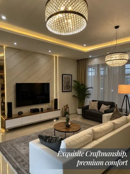 This living room is the perfect example of what I call premium comfort. I designed the space with warm ambient lighting and a modern layout to create an atmosphere that is both luxurious and welcoming, ensuring it feels like home from the moment you step inside.