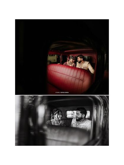 A creative shot of Reshma and Noel inside a vintage car, viewed from the front seat. This unique perspective adds a cinematic and intimate feel to their wedding portraits.