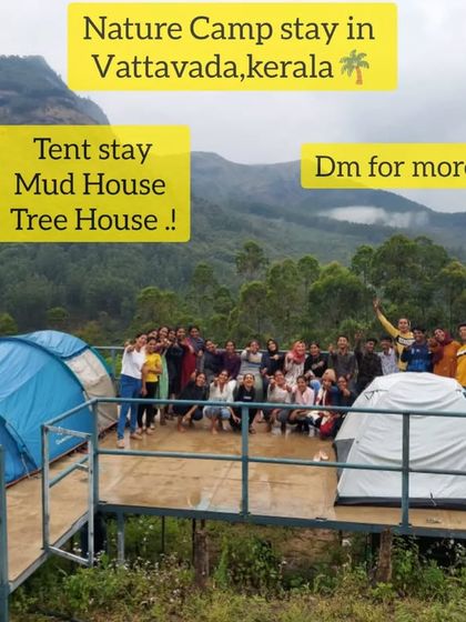 A promotional image for the Vattavada nature camp, highlighting the tent, mud house, and treehouse stay options.