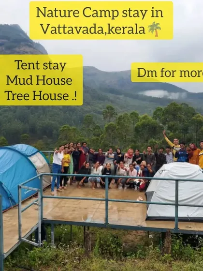 A group photo from the Vattavada nature camp, showcasing the platform tent stay.