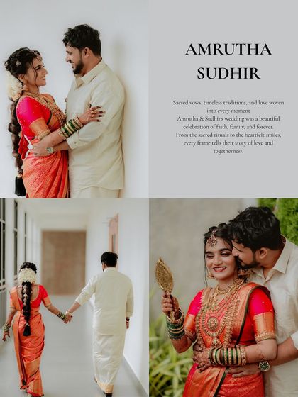 A beautiful album-style layout capturing the story of Amrutha and Sudhir's wedding, from their romantic portraits to their walk together.