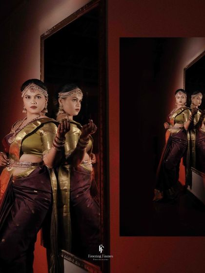 A creative shot using mirrors to create multiple reflections of the bride, resulting in a unique and captivating portrait.