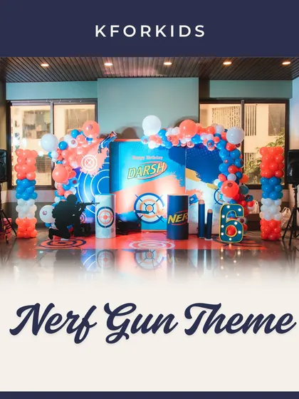 Target acquired! This Nerf Gun theme backdrop features a bold color palette, target graphics, and balloon columns, creating an action-packed setting for a high-energy birthday party.