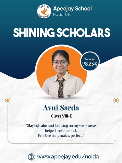 Congratulations to our shining scholar, Avni Sarda of Class 8, for securing an outstanding 98.23%. Her mantra of staying calm and practicing consistently is an inspiration.