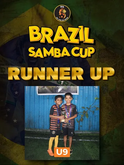 The proud U9 runners-up of the Brazil Samba Cup 2024, celebrating their performance in the tournament.