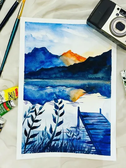 This serene landscape is one of the beautiful pieces we create in my online watercolor workshop. I'll guide you through every step to paint your own version, even if you are a beginner.