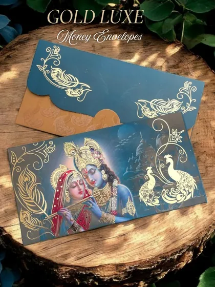 Our gold luxe money envelopes featuring Radha and Krishna are perfect for religious ceremonies and festive gifting.