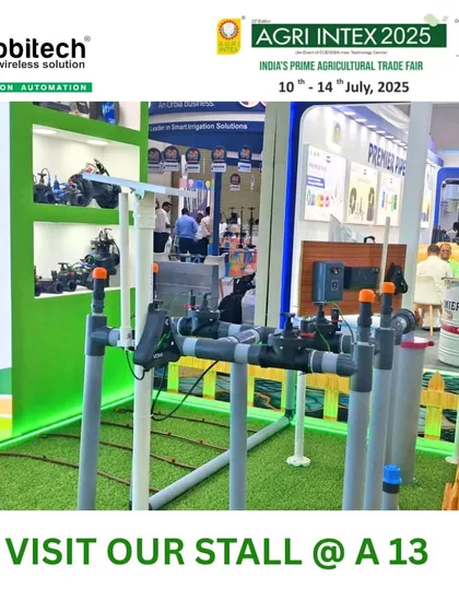 Our product display at the Agri Intex stall, featuring a mini-setup with artificial grass.