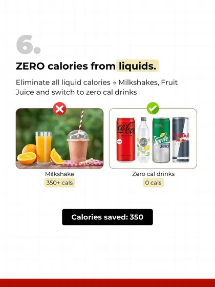 Milkshakes and fruit juices are calorie bombs. A single glass can have over 350 calories with zero fiber. Switch to zero-calorie drinks. This is a non-negotiable rule: DO NOT drink your calories.