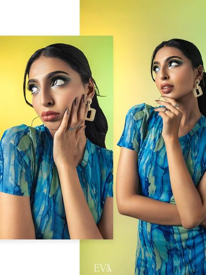 Another artistic collage capturing the model's expressive and thoughtful poses. The layout effectively showcases her versatility and the modern styling of the shoot.