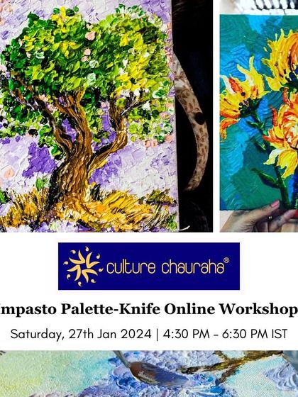 A promotional graphic for our Impasto Palette-Knife online workshop, featuring examples of vibrant, textured artworks.