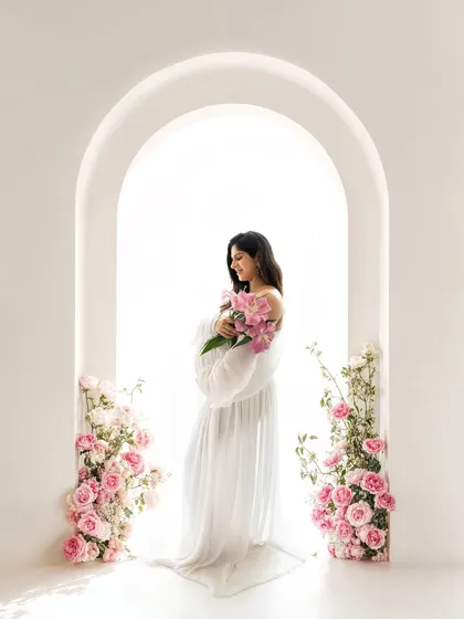 Framing the mom-to-be within a beautiful white arch decorated with pink flowers adds such a romantic and delicate touch to this maternity portrait.