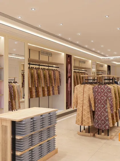 The interior of the TASVA retail space, showing how we translate a brand's ethos into a functional shopping experience. The layout features organized sections for different apparel, clean sightlines, and consistent ambient lighting to ensure the focus remains on the product.