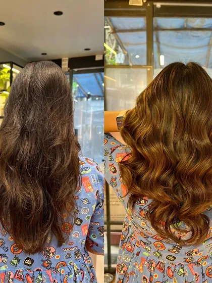A before-and-after showcasing a caramel magic transformation. The new color adds so much warmth and shine.