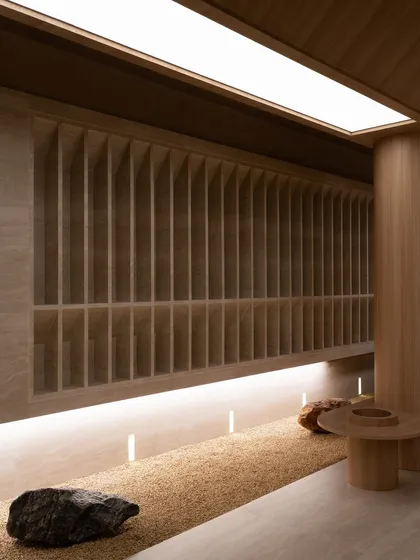A detail of the gridded wall and the low, soft lighting along the floor.
