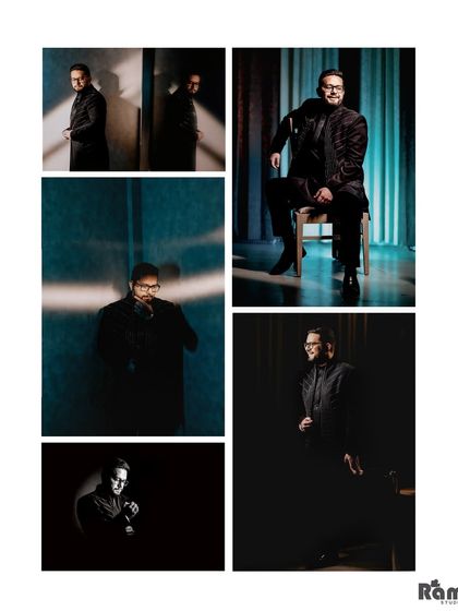 A stylish collage of the groom's portraits, showcasing his personality with a variety of poses and dramatic lighting.