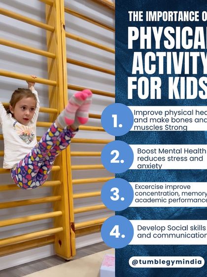 This graphic outlines the importance of physical activity for kids, including improved physical and mental health, better concentration, and development of social skills.