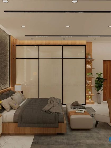 A bedroom with a warm and earthy feel, featuring a stone and wood-paneled accent wall and a large glass-fronted wardrobe.