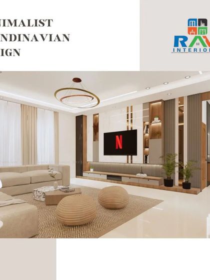 A complete view of a Scandinavian-style living room, showing the TV unit, sofa, and decor elements working together to create a harmonious and calming space.