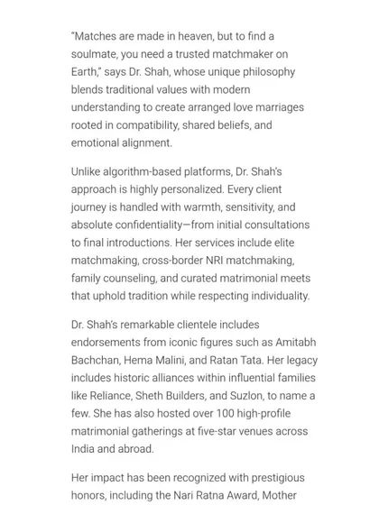 Pink Stories and Fabulous She celebrated my 33-year journey as India's leading elite matchmaker. These articles highlight my work with high-net-worth and ultra-elite families, from Mumbai to Manhattan, creating prestigious marriages rooted in tradition and discretion.