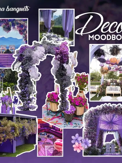 A decor moodboard showcasing a dreamy purple theme, with various elements like floral arches, table settings, and mandaps.