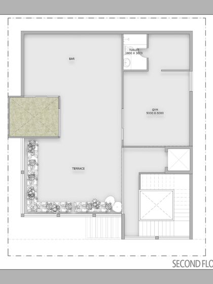 The second-floor plan reveals a private gym, bar, and an expansive terrace. This level is designed as a personal retreat, offering spaces for wellness and entertainment with open views.