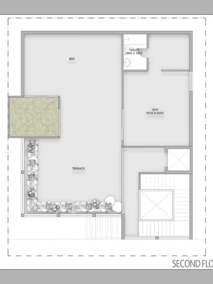 The second-floor plan includes a terrace, bar, and gym. This level is designed as a private retreat with open-air amenities that take full advantage of the home's connection to the outdoors.