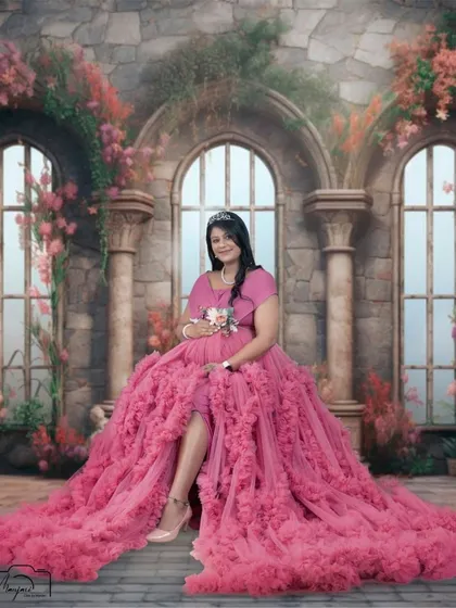 Seated like a queen in a castle, this mama-to-be looks absolutely regal. The AI edits transform a studio shot into a fantasy scene.