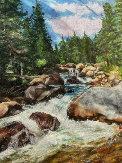 A close-up of the forest river oil painting, showing the texture of the trees and the white water rapids.