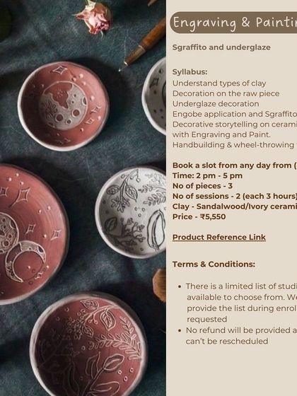 Details for our short-term Engraving & Painting course, covering sgraffito and underglaze decoration.