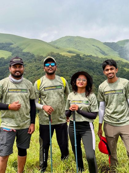 Our trek leads in matching Karnataka Hikes t-shirts, ready to guide the group on the Bandaje trek.