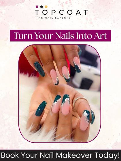Turn your nails into art. This design features a modern French tip in a deep teal, with a shattered silver foil effect for a bold and artistic statement.