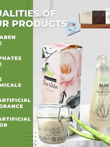 This graphic summarizes the qualities of our products. They are all paraben free, sulfate free, and made without artificial fragrances or colors, using only safe, natural ingredients.