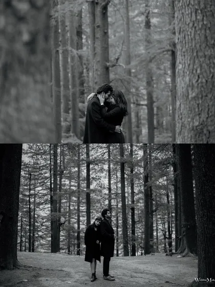 A diptych of black and white photos from a forest shoot in Manali. The tall trees create a powerful vertical element, emphasizing the scale of nature around the couple.