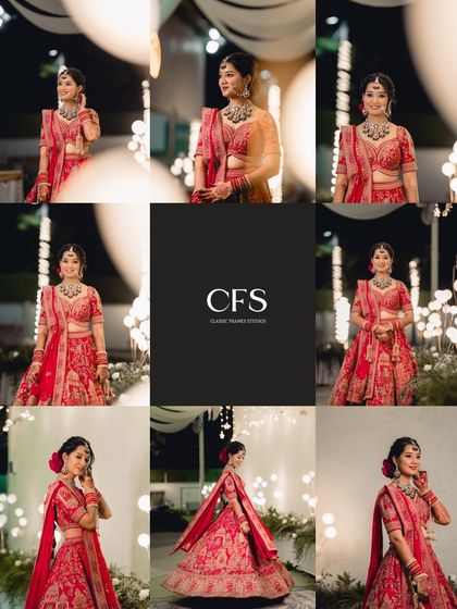 A beautiful grid collage of the bride in her red lehenga, showcasing various poses and angles from her reception night. This provides a comprehensive look at her stunning bridal style.