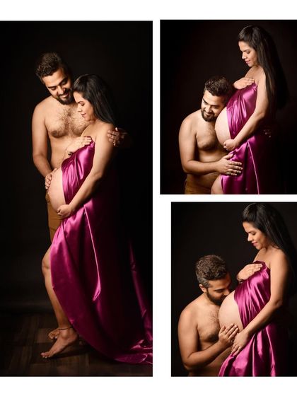 A bold and artistic collage of a couple's portrait. Using a simple fabric drape, this series of shots focuses on the raw beauty of pregnancy and the couple's intimacy.