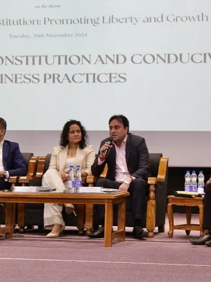 Our Partner, Vivek Jha, speaks during a panel discussion at the Indian Institute of Management, Rohtak. The event, held on Constitution Day, explored the theme of "The Constitution and Conducive Business Practices," a topic central to our corporate advisory work.