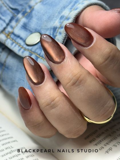 A close-up of the brown silk cat eye nails, highlighting the hypnotic glow and smooth, reflective finish. This design is perfect for clients who want a trendy yet sophisticated look.